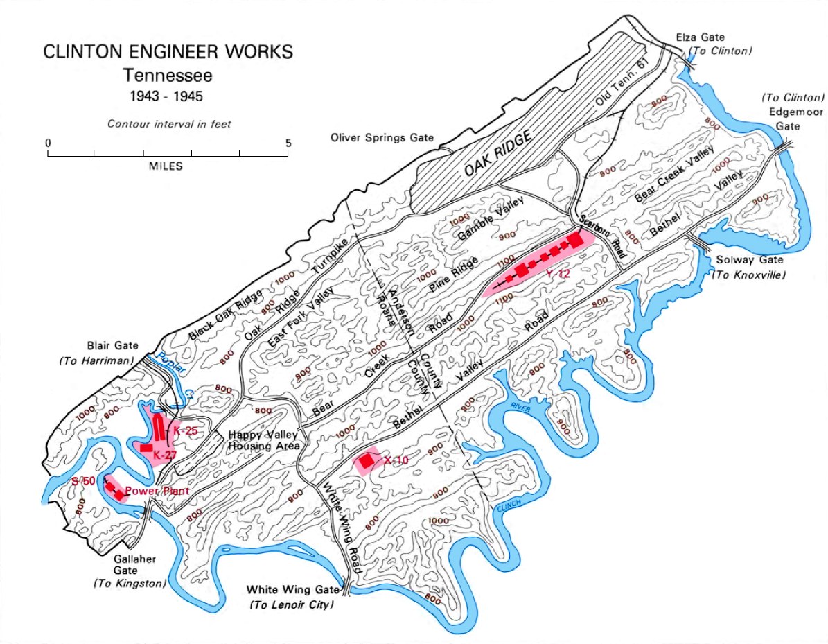 Χάρτης των Μηχανικών Έργων Κλίντον (Clinton Engineer Works) στο Τενεσί, 1943–1945, με τις πύλες, τις κοιλάδες και τις θέσεις των εγκαταστάσεων Y-12, K-25 και X-10.